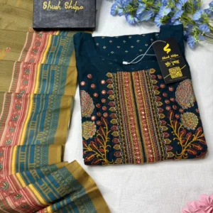 Dark Teal Blue Embroidered Three Piece